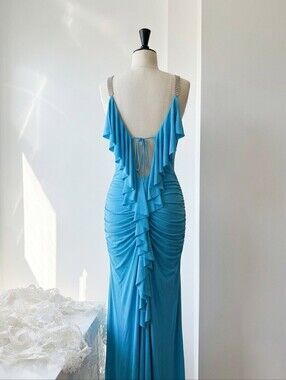 Cache Sky-Blue Ruffled Backless Evening Gown with Crystal Straps